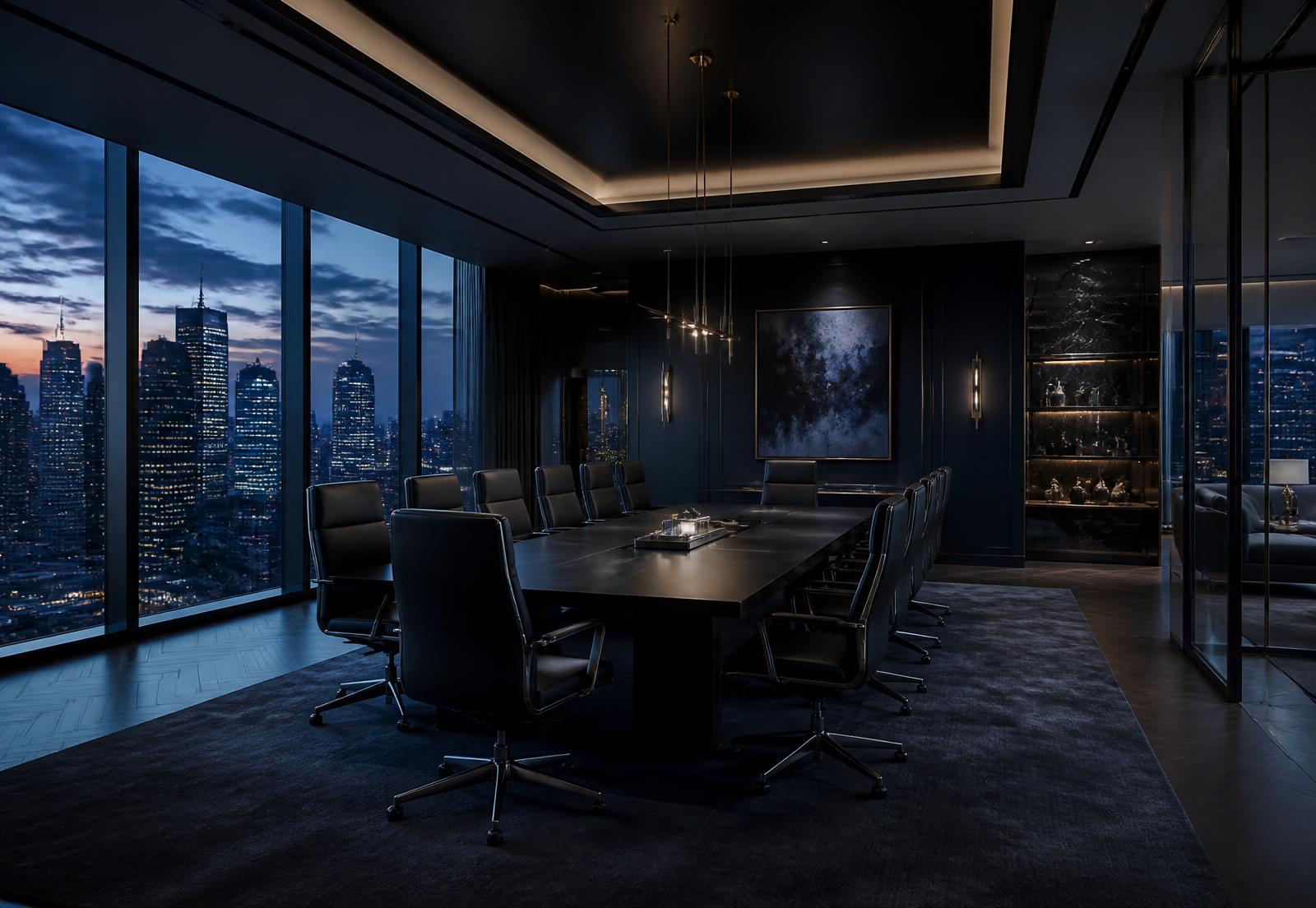 Executive boardroom at dusk overlooking a city skyline